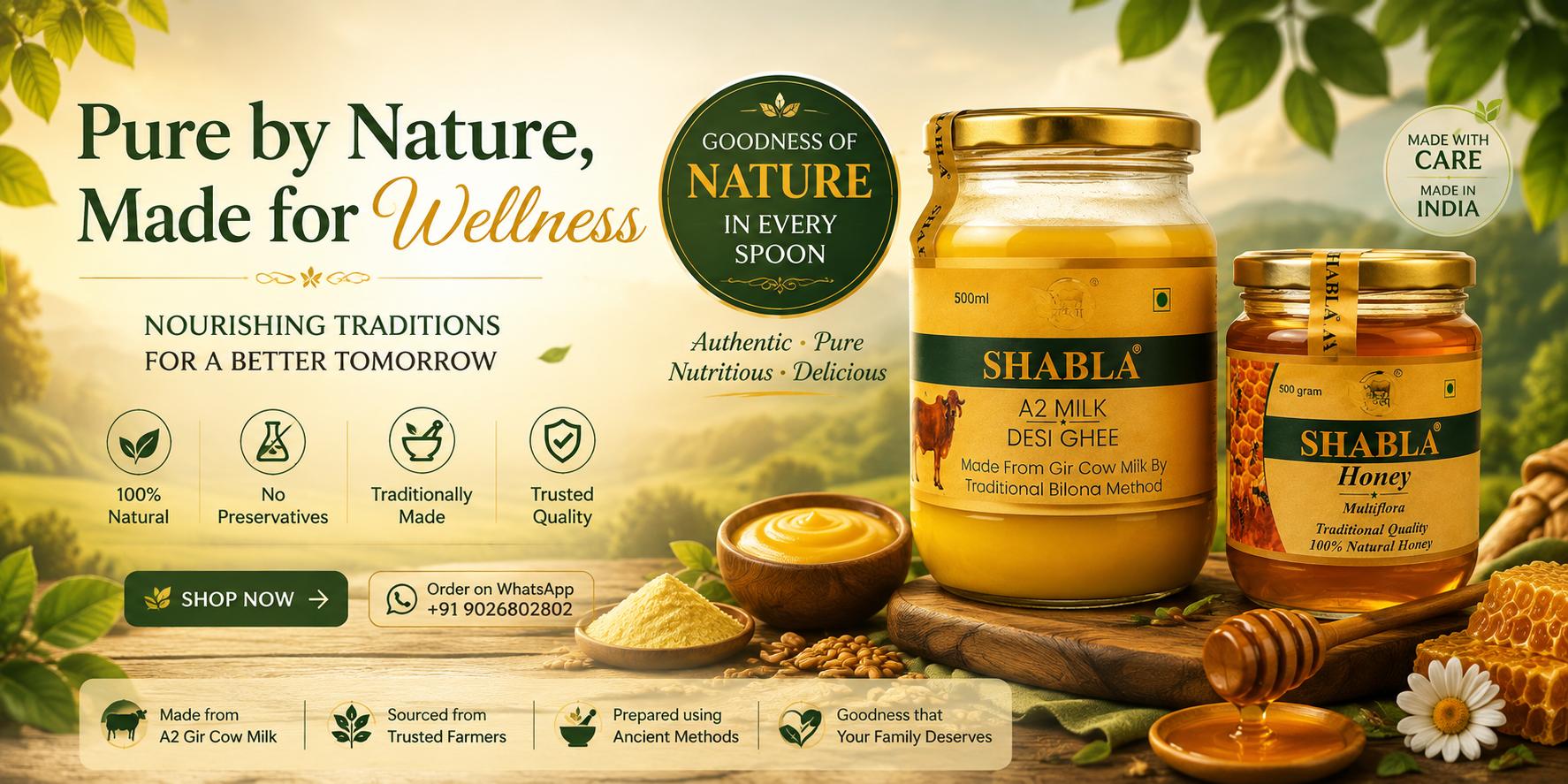 Shabla A2 Gir Cow Ghee and Karanj Multiflora Honey banner